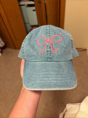 Cat & Jack Light Blue Denim Hat with Pink Bow Embroidery